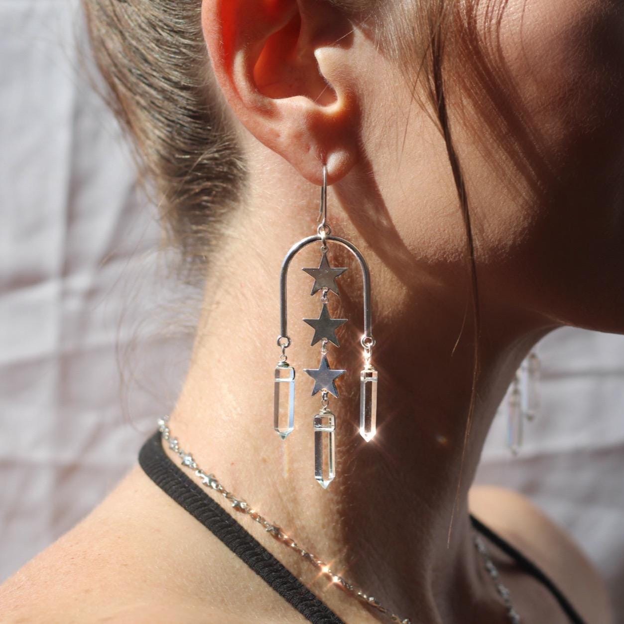 Statement Arch Shaped Earrings with Dangling Stars & Crystal Points | 14k Gold Filled or Sterling Silver Skin Safe Ear Wires