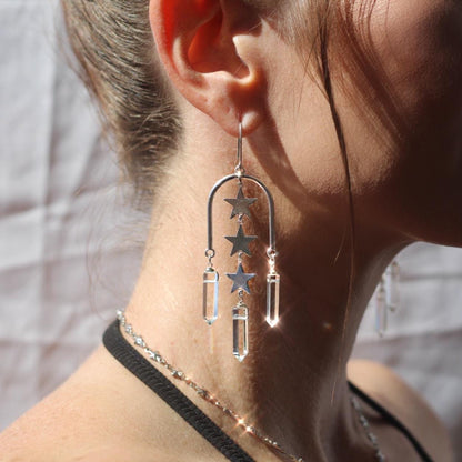Statement Arch Shaped Earrings with Dangling Stars & Crystal Points | 14k Gold Filled or Sterling Silver Skin Safe Ear Wires