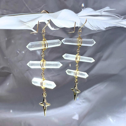 Ladder Style Earrings with 3 Double Terminated Crystals and 4 Point Star- 14k Gold Filled or Sterling Silver Skin Safe Ear Wire