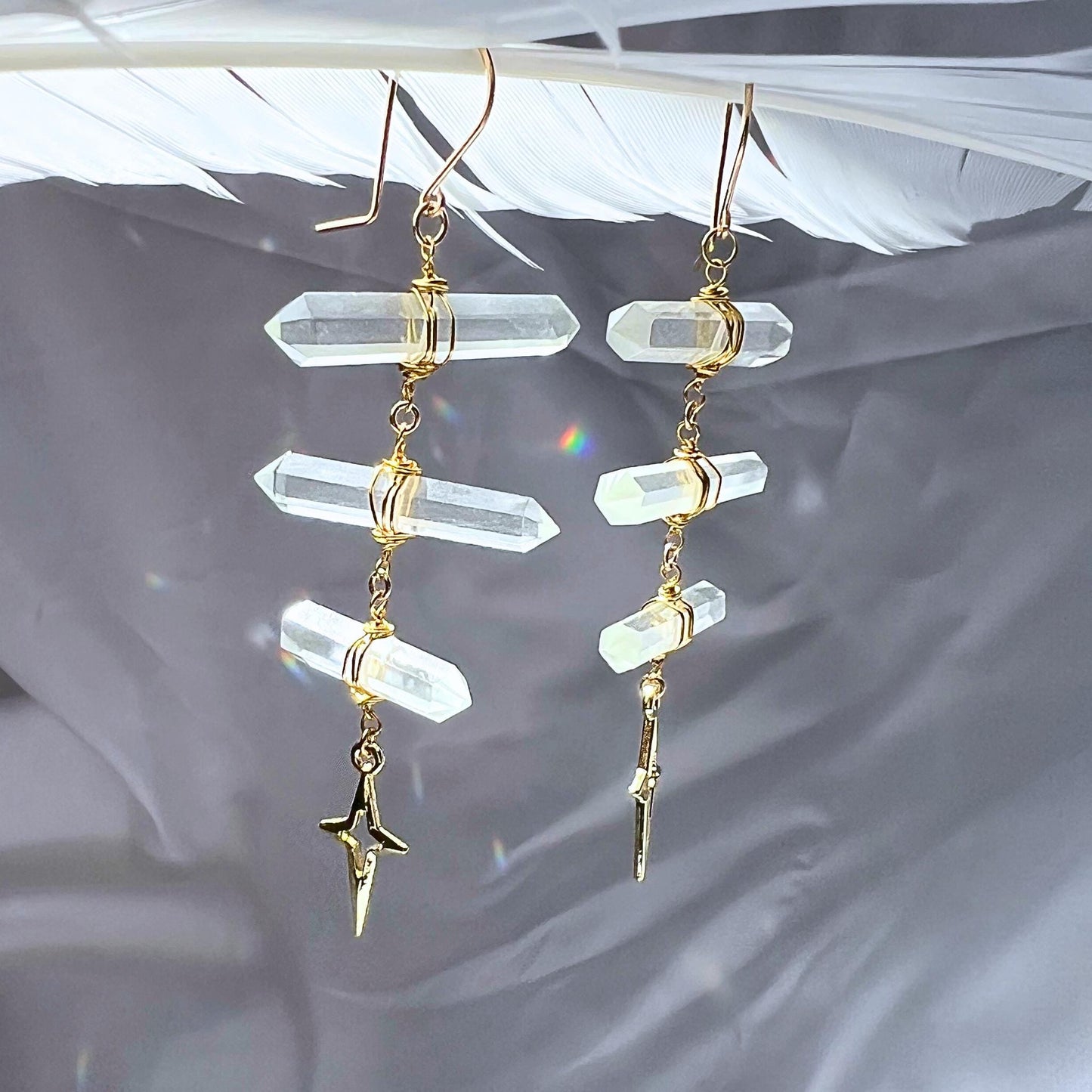 Ladder Style Earrings with 3 Double Terminated Crystals and 4 Point Star- 14k Gold Filled or Sterling Silver Skin Safe Ear Wire