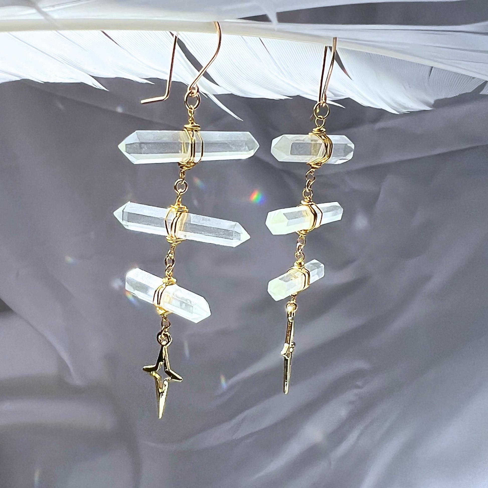 Ladder Style Earrings with 3 Double Terminated Crystals and 4 Point Star- 14k Gold Filled or Sterling Silver Skin Safe Ear Wire