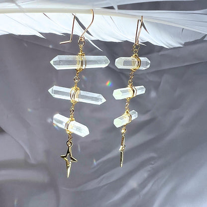 Ladder Style Earrings with 3 Double Terminated Crystals and 4 Point Star- 14k Gold Filled or Sterling Silver Skin Safe Ear Wire