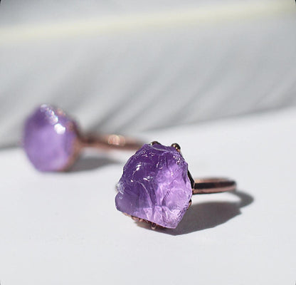 Raw Pink Amethyst Nugget Ring on Copper Band- Natural and Boho Style Gemstone Jewelry