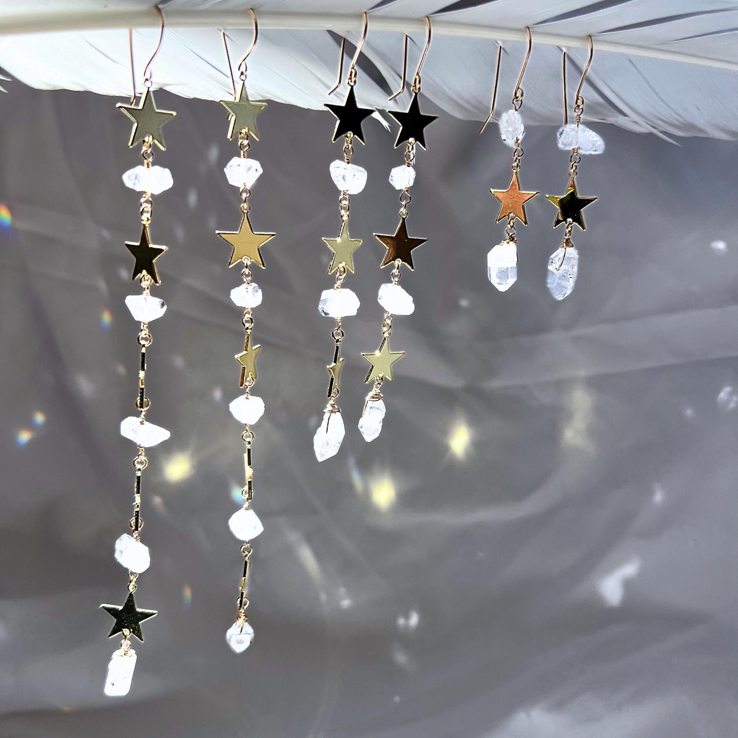 Star Statement Earrings- Long Dangle Style with Stars & Herkimer Diamonds | 14k Gold Filled or Sterling Silver Skin Safe Ear Wires
