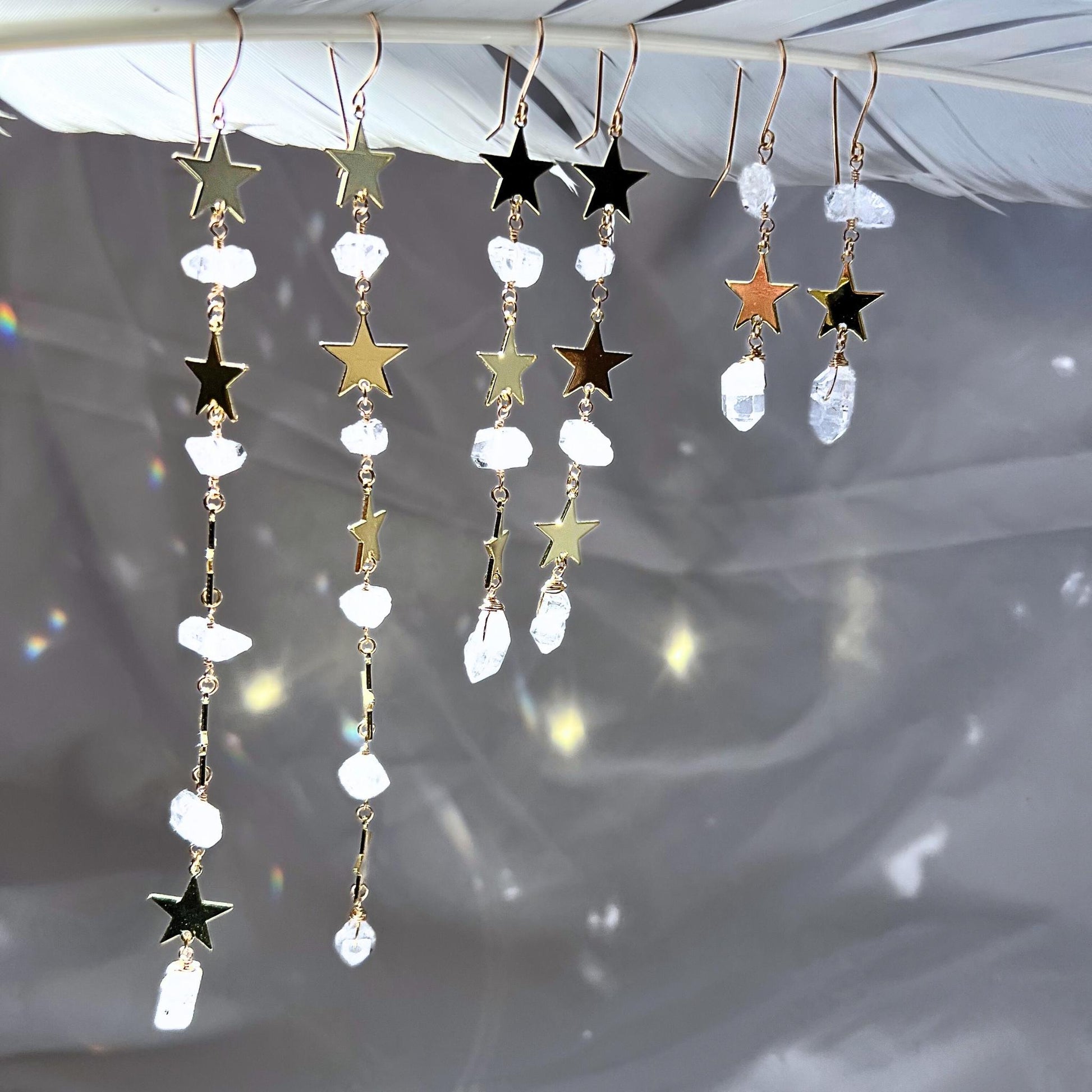 Star Statement Earrings- Long Dangle Style with Stars & Herkimer Diamonds | 14k Gold Filled or Sterling Silver Skin Safe Ear Wires