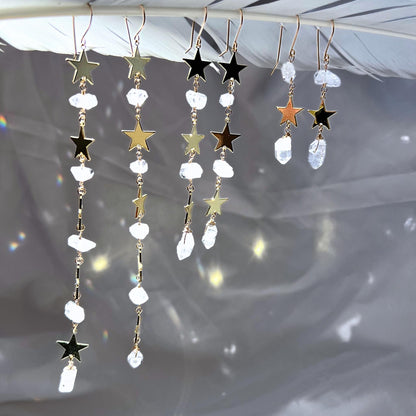 Star Statement Earrings- Long Dangle Style with Stars & Herkimer Diamonds | 14k Gold Filled or Sterling Silver Skin Safe Ear Wires