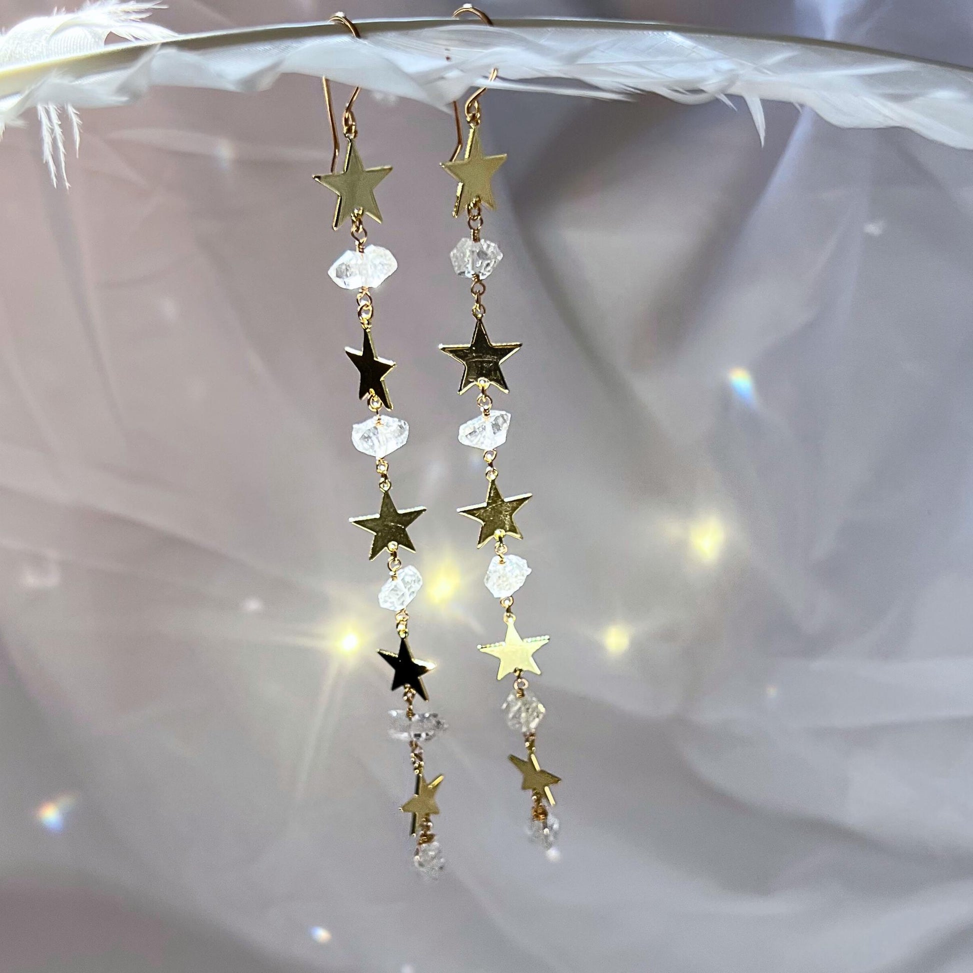 Star Statement Earrings- Long Dangle Style with Stars & Herkimer Diamonds | 14k Gold Filled or Sterling Silver Skin Safe Ear Wires