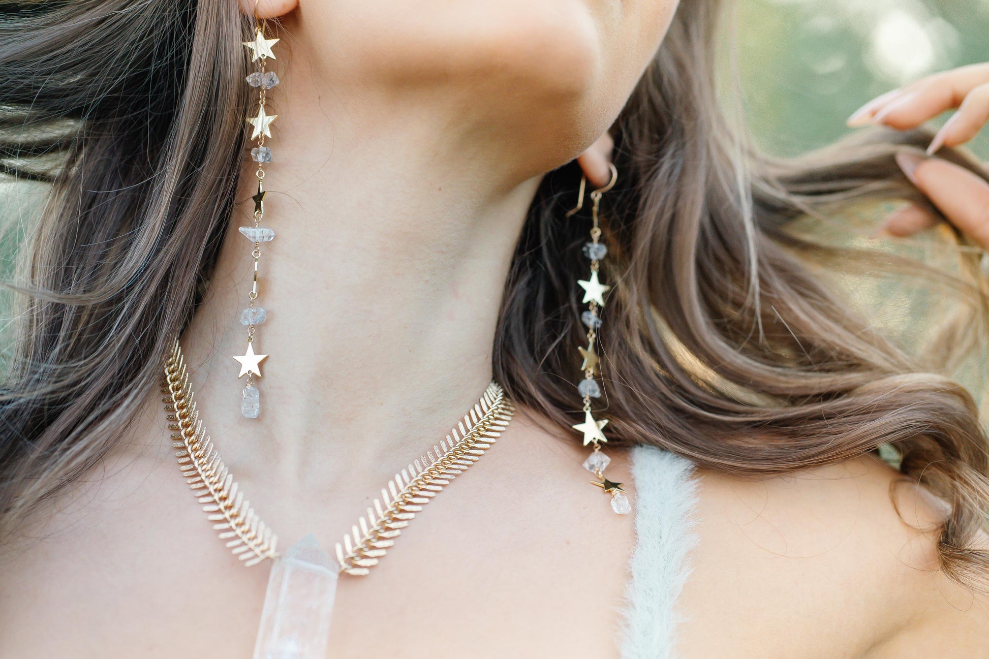 Star Statement Earrings- Long Dangle Style with Stars & Herkimer Diamonds | 14k Gold Filled or Sterling Silver Skin Safe Ear Wires