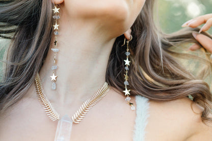 Star Statement Earrings- Long Dangle Style with Stars & Herkimer Diamonds | 14k Gold Filled or Sterling Silver Skin Safe Ear Wires