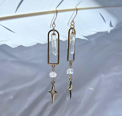 Arch-Shaped Dangle Earrings with Raw Crystal Point & Star Charm - 14k Gold Filled or Sterling Silver Skin Safe Ear Wires
