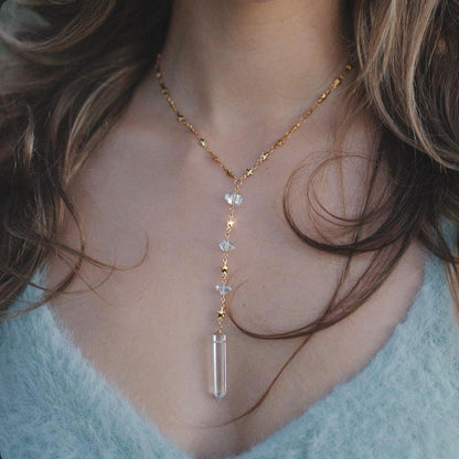 Lariat Necklace with Crystal Quartz in Gold or Silver with Herkimer Diamonds & Star Link Chain