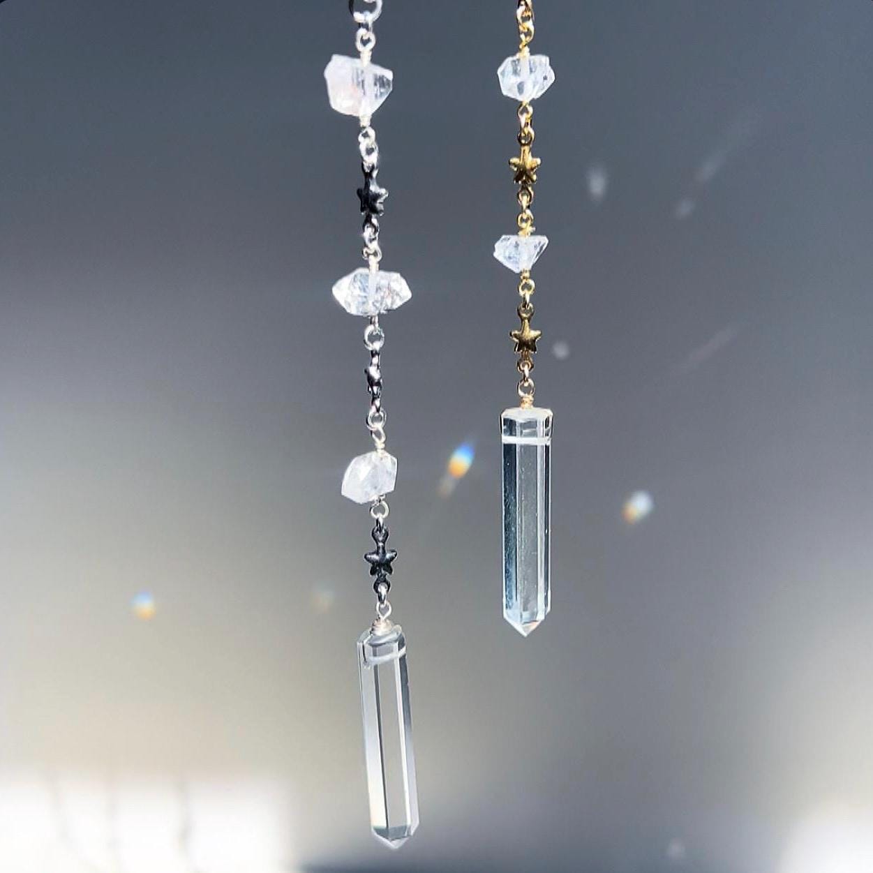 Lariat Necklace with Crystal Quartz in Gold or Silver with Herkimer Diamonds & Star Link Chain