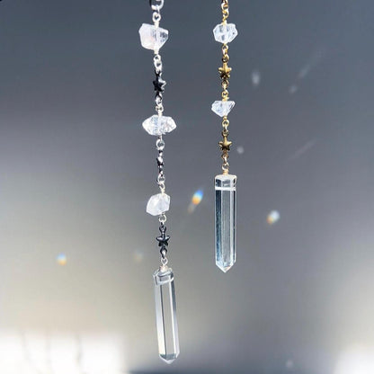 Lariat Necklace with Crystal Quartz in Gold or Silver with Herkimer Diamonds & Star Link Chain