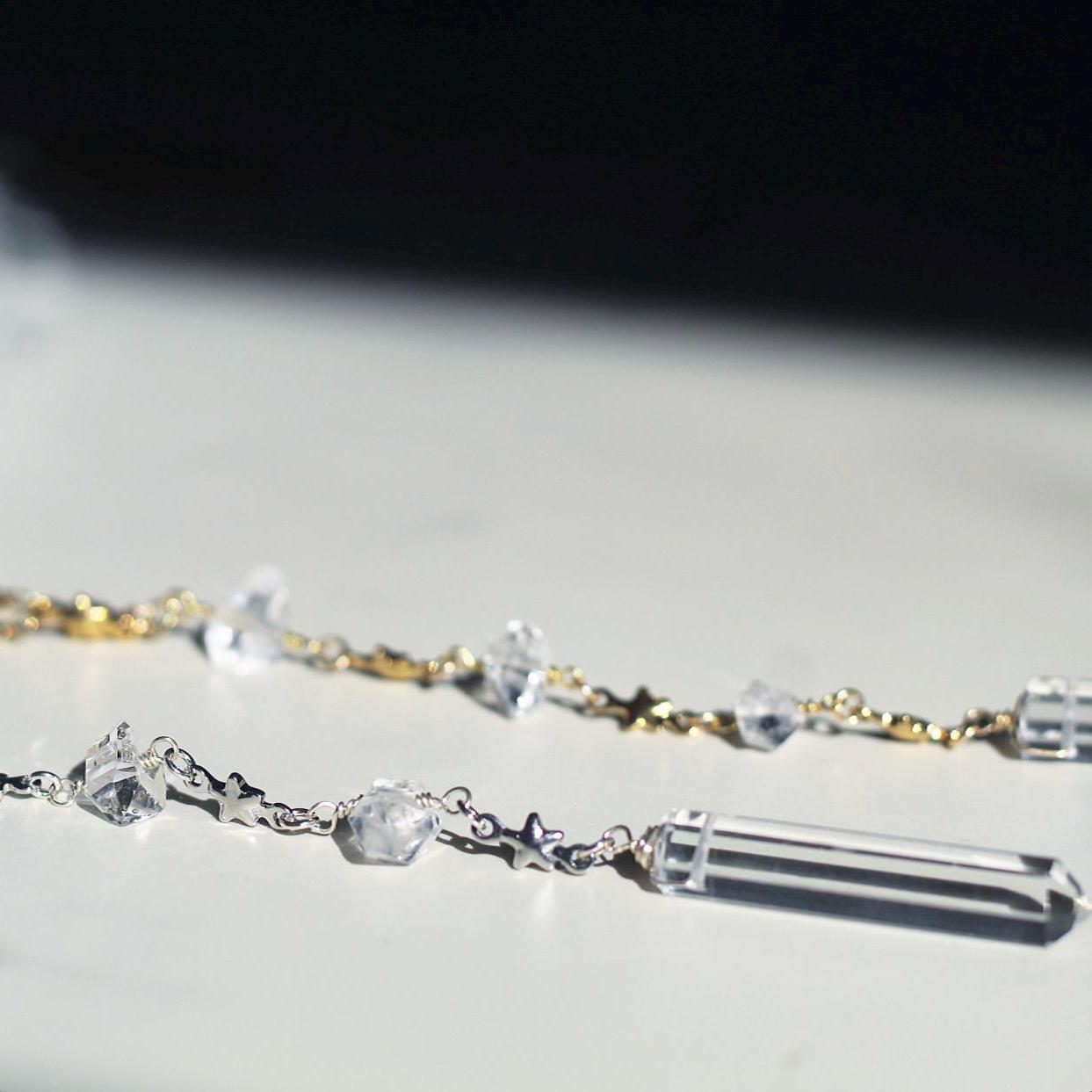 Lariat Necklace with Crystal Quartz in Gold or Silver with Herkimer Diamonds & Star Link Chain