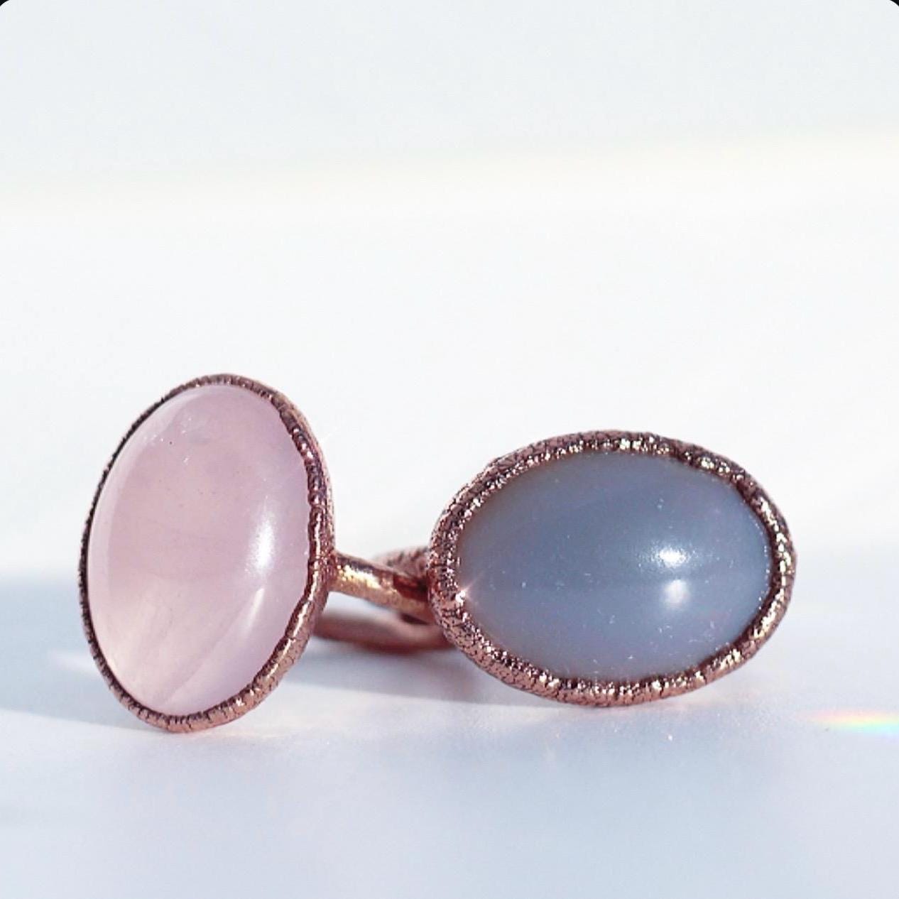 Gray Chalcedony Ring with Oval Stone in Shiny Copper Setting: Electroformed Copper Statement Ring