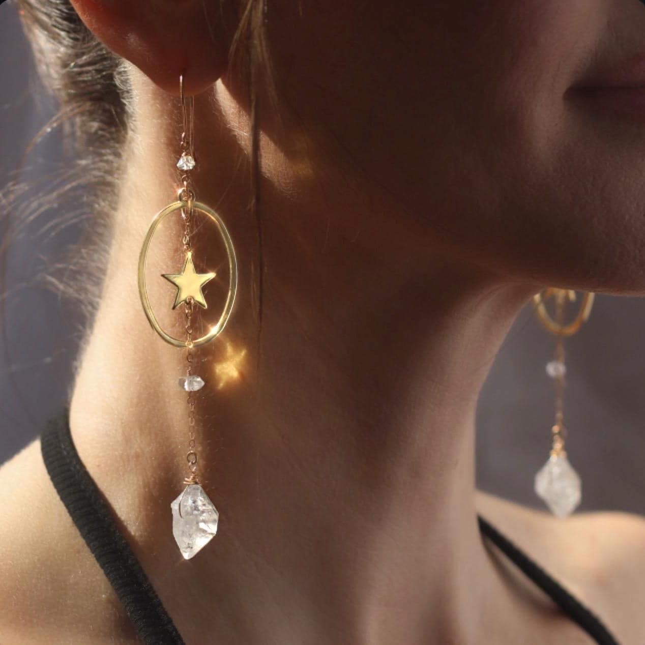 Star Dangle Earrings with Oval Hoop & Herkimer Diamonds- 14k Gold Filled or Sterling Silver Skin Safe Earring Hook