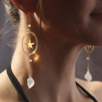 Star Dangle Earrings with Oval Hoop & Herkimer Diamonds- 14k Gold Filled or Sterling Silver Skin Safe Earring Hook