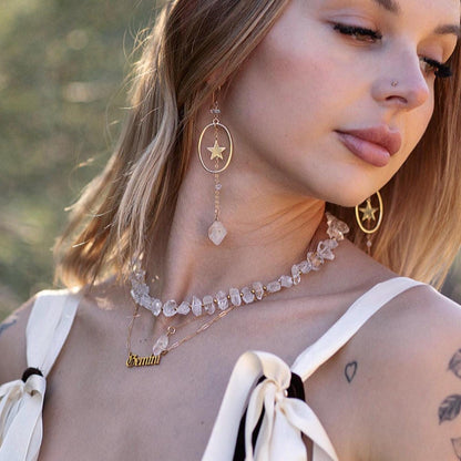 Star Dangle Earrings with Oval Hoop & Herkimer Diamonds- 14k Gold Filled or Sterling Silver Skin Safe Earring Hook