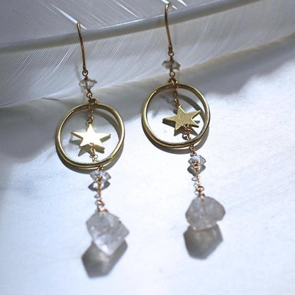 Star Dangle Earrings with Oval Hoop & Herkimer Diamonds- 14k Gold Filled or Sterling Silver Skin Safe Earring Hook
