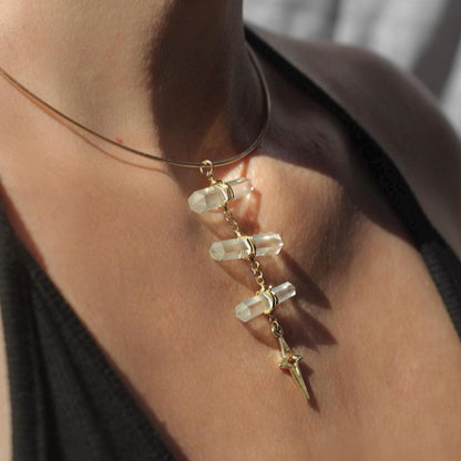 14k Gold Filled or Sterling Silver Torque Choker with 3 Double Terminated Quartz Points- Delicate Statement Choker