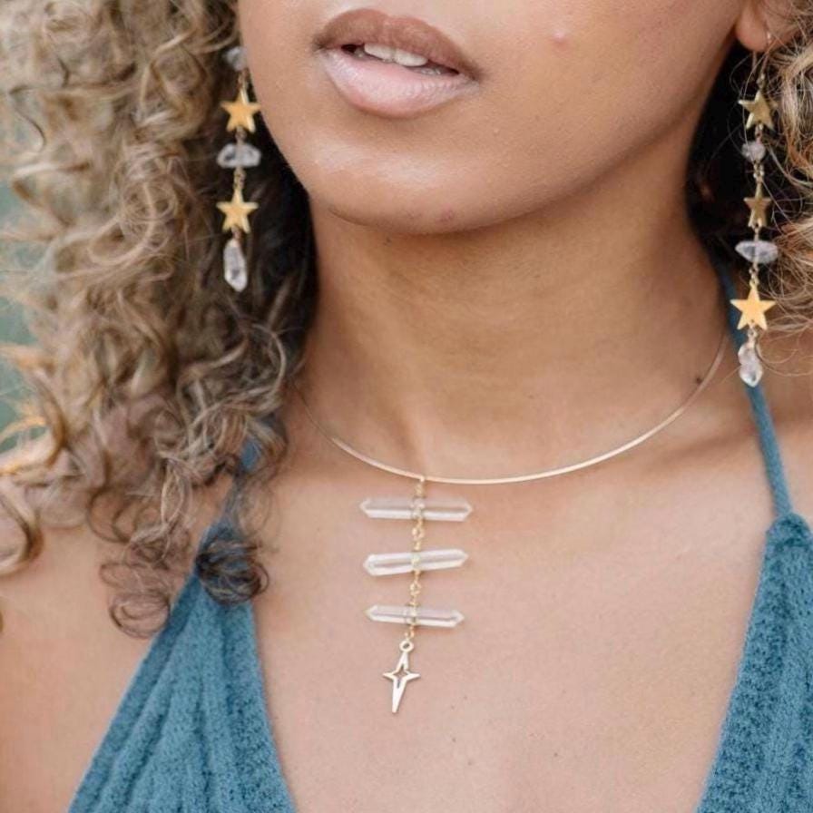 14k Gold Filled or Sterling Silver Torque Choker with 3 Double Terminated Quartz Points- Delicate Statement Choker