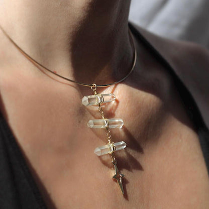 14k Gold Filled or Sterling Silver Torque Choker with 3 Double Terminated Quartz Points- Delicate Statement Choker