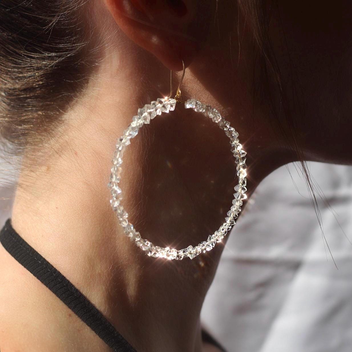 Sparkling Herkimer Diamonds on Lightweight Hoops | Natural Statement Jewelry | 14k Gold Filled or Sterling Silver Skin Safe Ear Wires