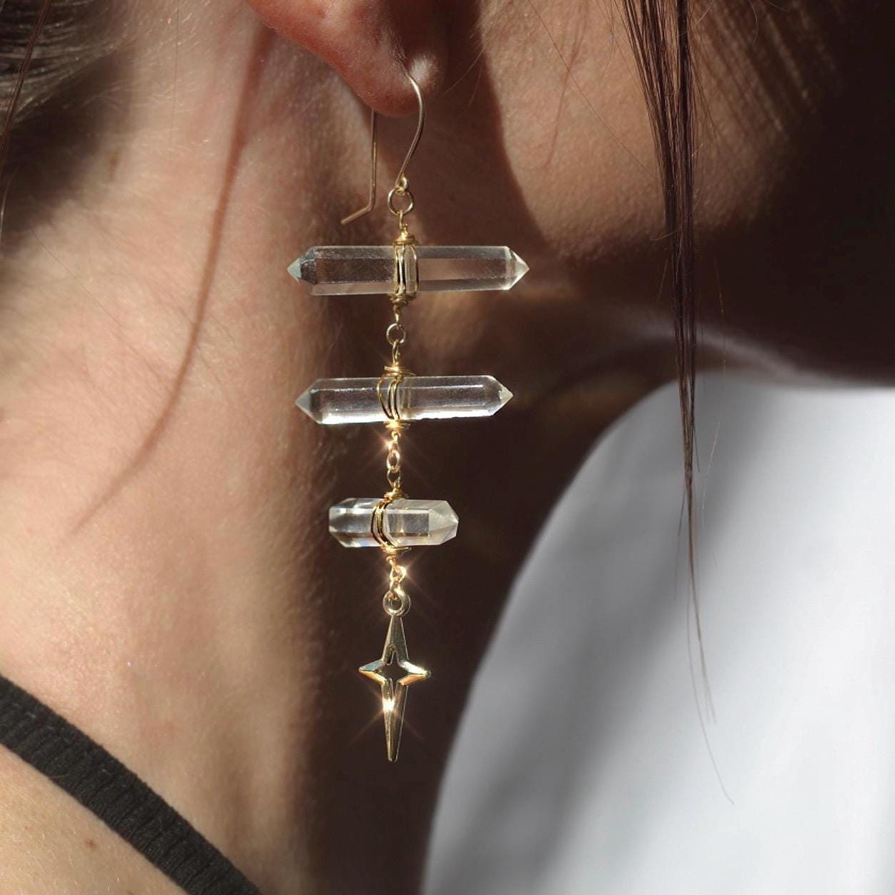 Ladder Style Earrings with 3 Double Terminated Crystals and 4 Point Star- 14k Gold Filled or Sterling Silver Skin Safe Ear Wire