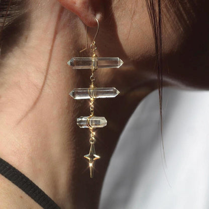 Ladder Style Earrings with 3 Double Terminated Crystals and 4 Point Star- 14k Gold Filled or Sterling Silver Skin Safe Ear Wire