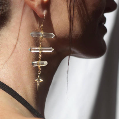 Ladder Style Earrings with 3 Double Terminated Crystals and 4 Point Star- 14k Gold Filled or Sterling Silver Skin Safe Ear Wire