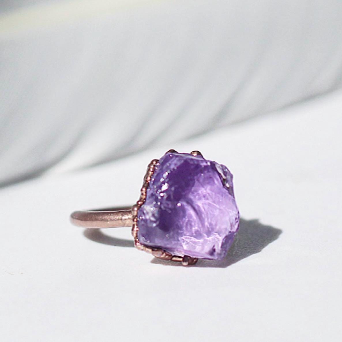 Raw Pink Amethyst Nugget Ring on Copper Band- Natural and Boho Style Gemstone Jewelry