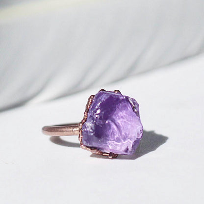 Raw Pink Amethyst Nugget Ring on Copper Band- Natural and Boho Style Gemstone Jewelry