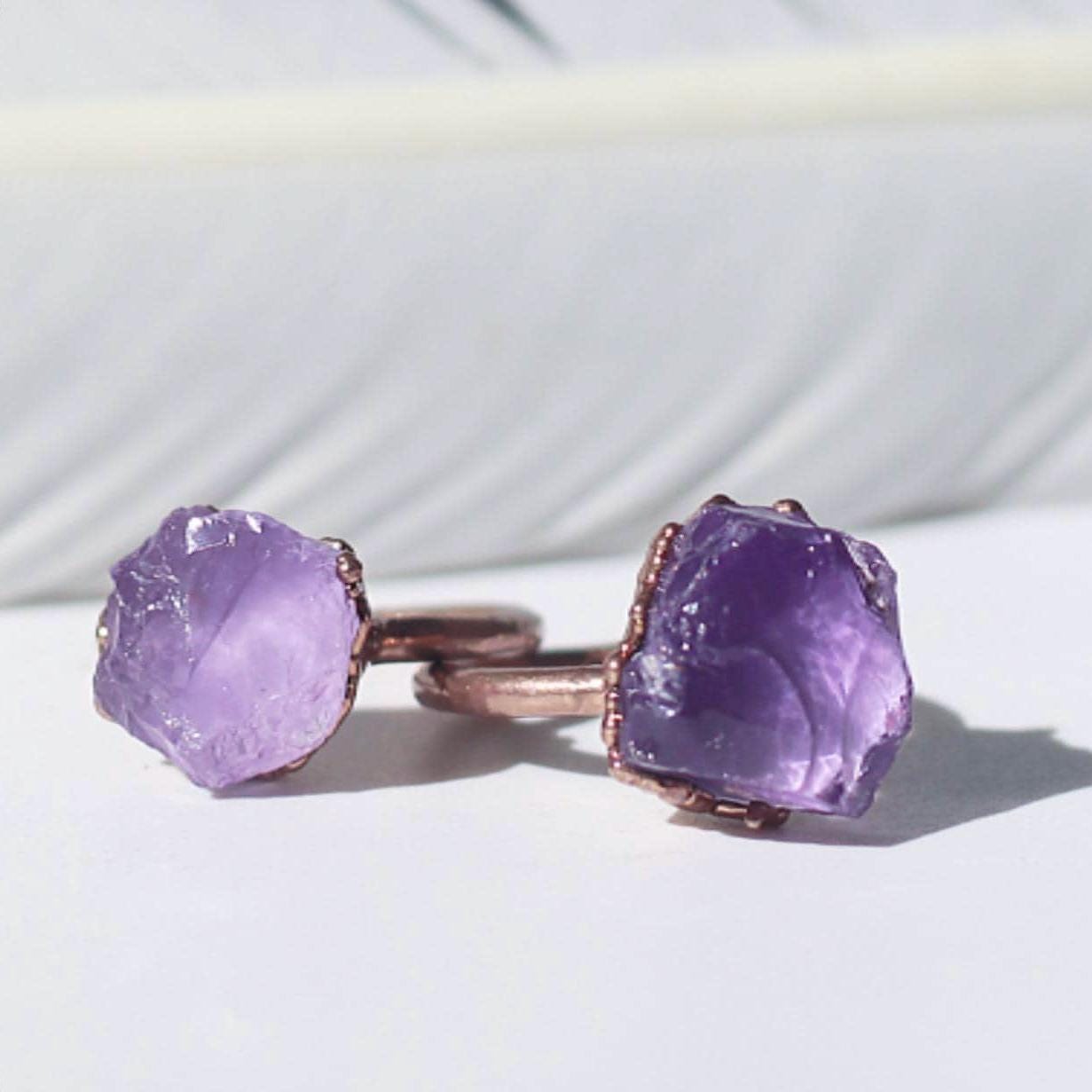 Raw Pink Amethyst Nugget Ring on Copper Band- Natural and Boho Style Gemstone Jewelry