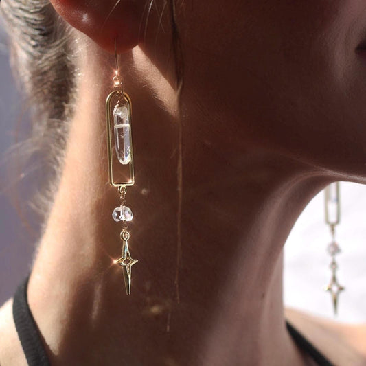 Arch-Shaped Dangle Earrings with Raw Crystal Point & Star Charm - 14k Gold Filled or Sterling Silver Skin Safe Ear Wires