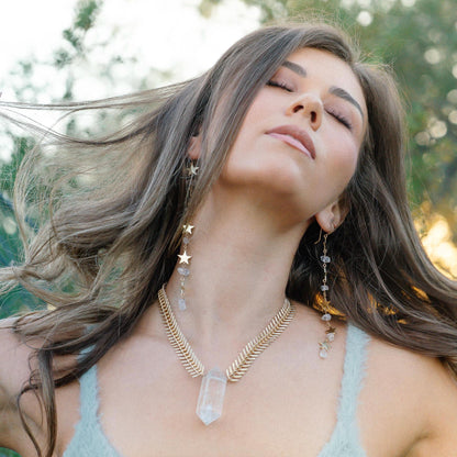 Star Statement Earrings- Long Dangle Style with Stars & Herkimer Diamonds | 14k Gold Filled or Sterling Silver Skin Safe Ear Wires