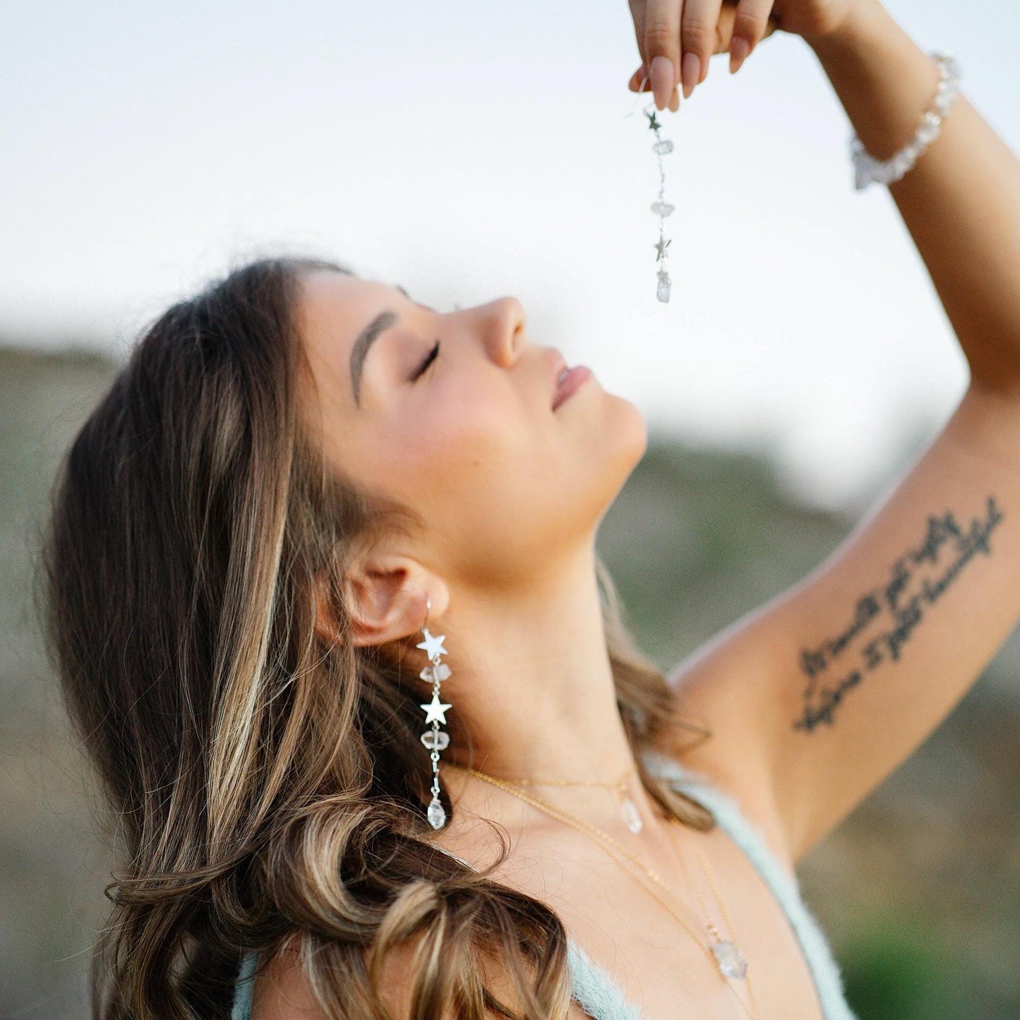 Star Statement Earrings- Long Dangle Style with Stars & Herkimer Diamonds | 14k Gold Filled or Sterling Silver Skin Safe Ear Wires