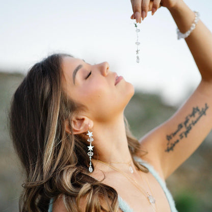 Star Statement Earrings- Long Dangle Style with Stars & Herkimer Diamonds | 14k Gold Filled or Sterling Silver Skin Safe Ear Wires