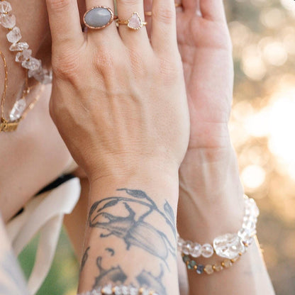 Chunky Raw Quartz Stretchy Mala Bracelet - Crystal Quartz Beads & Personalized Gold/Silver/Rose Gold Tag