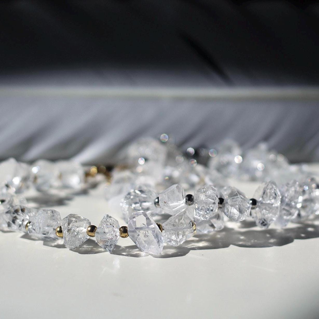 Chunky AAA Herkimer Diamond Bracelet with Gold/Silver Bead Detail- Sparkly Raw Crystal Bracelet