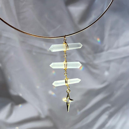 14k Gold Filled or Sterling Silver Torque Choker with 3 Double Terminated Quartz Points- Delicate Statement Choker