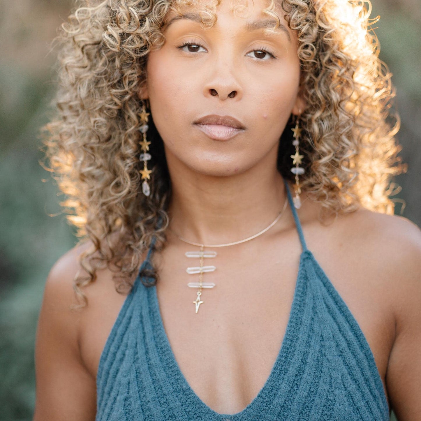 14k Gold Filled or Sterling Silver Torque Choker with 3 Double Terminated Quartz Points- Delicate Statement Choker