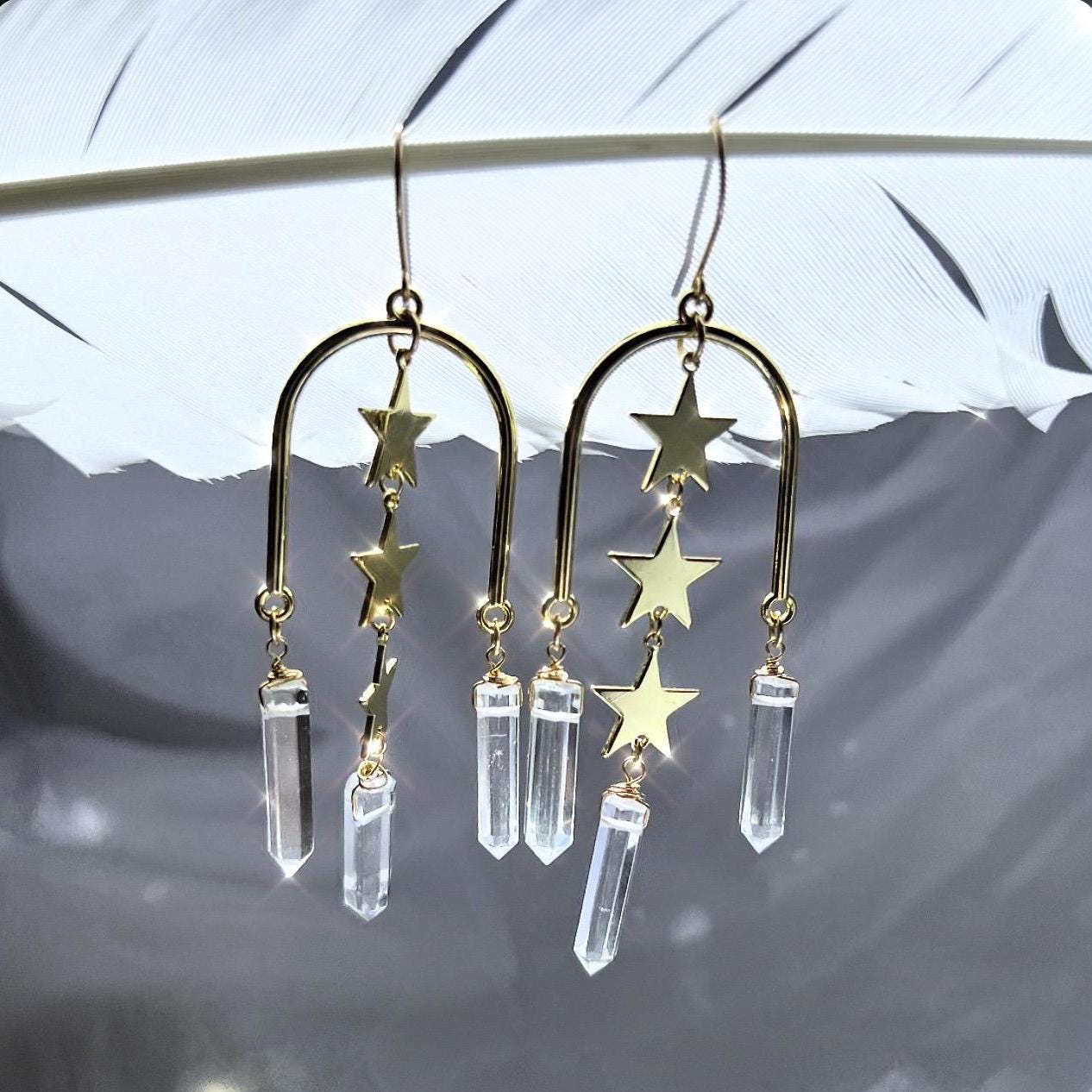 Statement Arch Shaped Earrings with Dangling Stars & Crystal Points | 14k Gold Filled or Sterling Silver Skin Safe Ear Wires