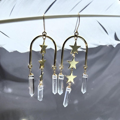 Statement Arch Shaped Earrings with Dangling Stars & Crystal Points | 14k Gold Filled or Sterling Silver Skin Safe Ear Wires