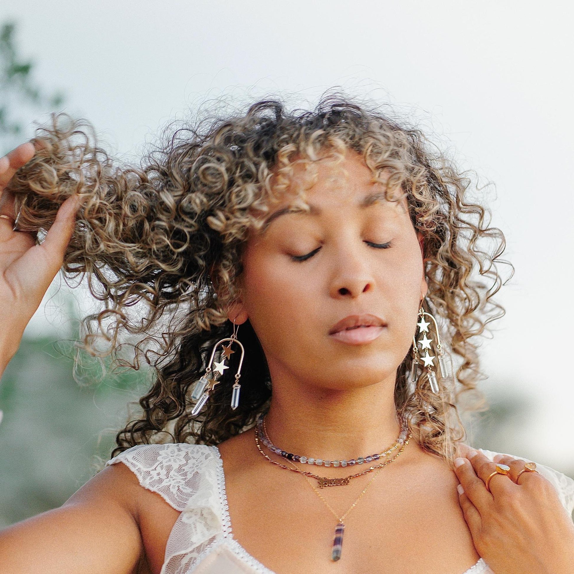 Statement Arch Shaped Earrings with Dangling Stars & Crystal Points | 14k Gold Filled or Sterling Silver Skin Safe Ear Wires