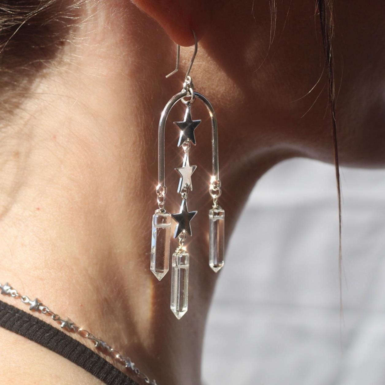 Statement Arch Shaped Earrings with Dangling Stars & Crystal Points | 14k Gold Filled or Sterling Silver Skin Safe Ear Wires