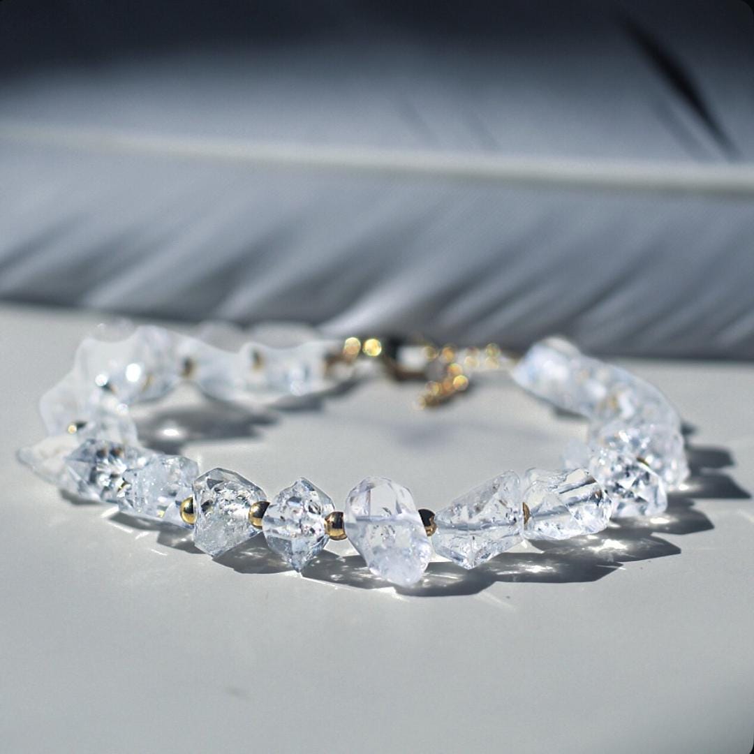 Chunky AAA Herkimer Diamond Bracelet with Gold/Silver Bead Detail- Sparkly Raw Crystal Bracelet