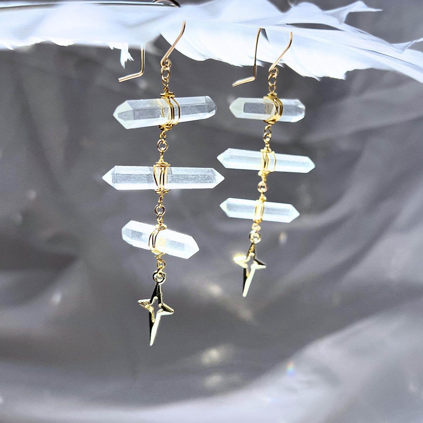 Ladder Style Earrings with 3 Double Terminated Crystals and 4 Point Star- 14k Gold Filled or Sterling Silver Skin Safe Ear Wire