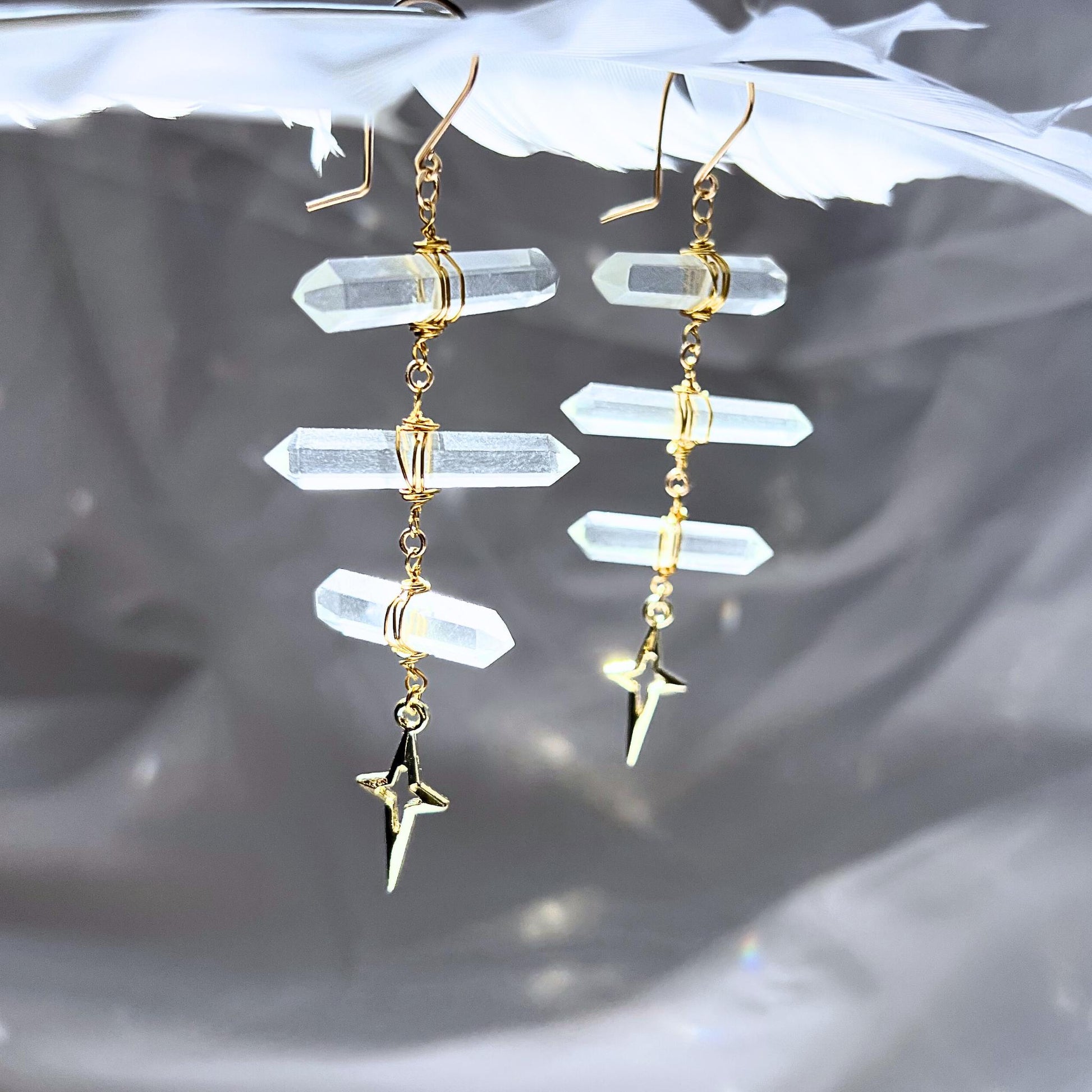 Ladder Style Earrings with 3 Double Terminated Crystals and 4 Point Star- 14k Gold Filled or Sterling Silver Skin Safe Ear Wire