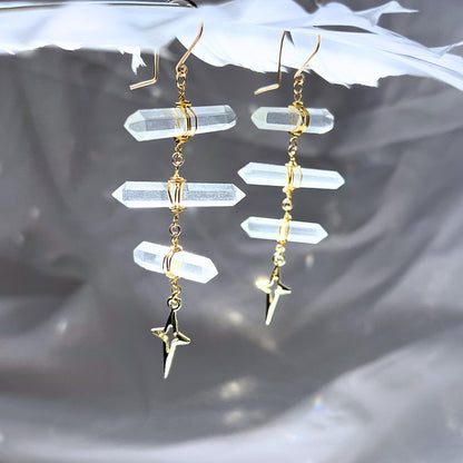 Ladder Style Earrings with 3 Double Terminated Crystals and 4 Point Star- 14k Gold Filled or Sterling Silver Skin Safe Ear Wire