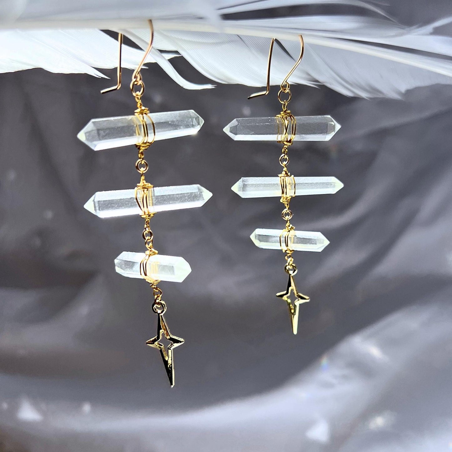 Ladder Style Earrings with 3 Double Terminated Crystals and 4 Point Star- 14k Gold Filled or Sterling Silver Skin Safe Ear Wire